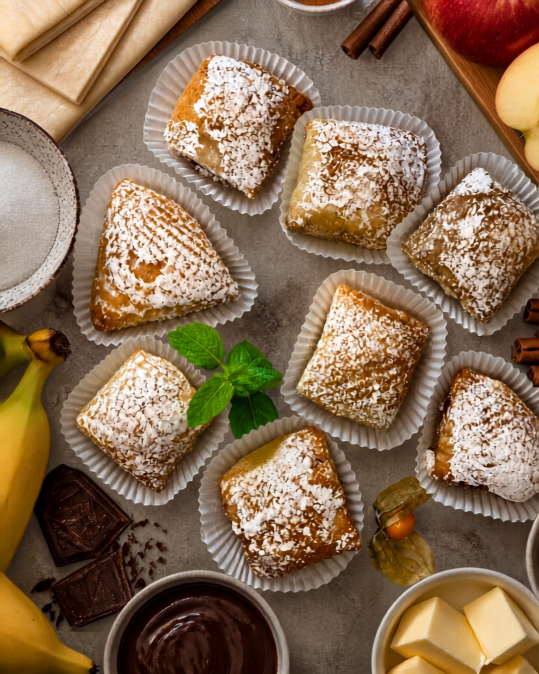 Ciasteczka francuskie w dwóch odsłonach z nadzieniem jabłkowo - cynamonowym lub/oraz z bananem i belgijską czekoladą
